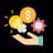 Icon image of a hand with an idea light bulb, dollar sign, and a gear hovering above it