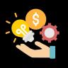 Icon image of a hand with an idea light bulb, dollar sign, and a gear hovering above it